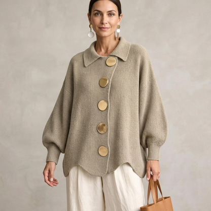 Cardigan tricoté côtelé oversize femme boutons dorés col rabattu ourlet festonné