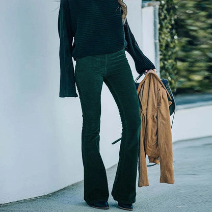 Pantalon velours femme large stretch avec taille élastique et coupe droite