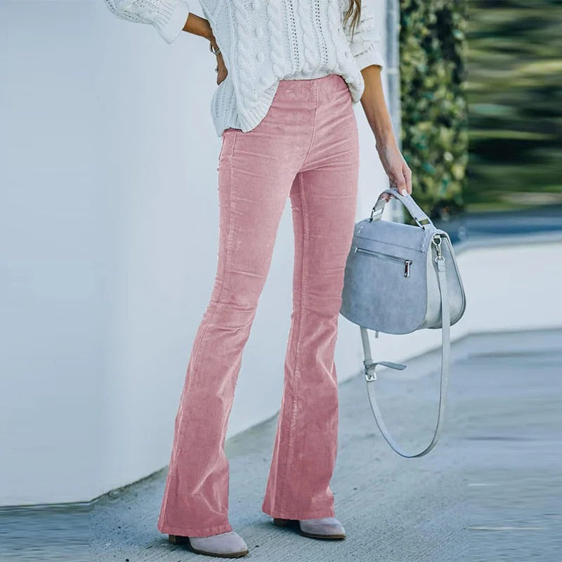 Pantalon velours femme large stretch avec taille élastique et coupe droite