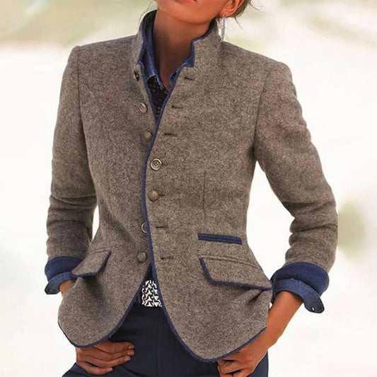 Blazer Vintage Col Montant Bicolore | Coupe Structurée