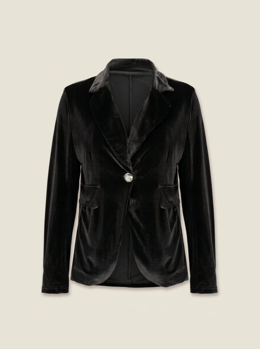 Blazer velours femme cintré avec col revers et boutonnage unique