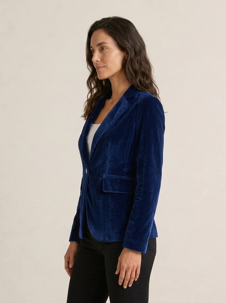 Blazer velours femme cintré avec col revers et boutonnage unique
