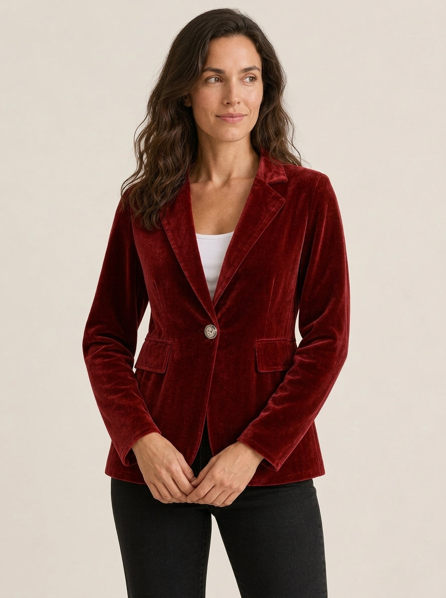 Blazer velours femme cintré avec col revers et boutonnage unique