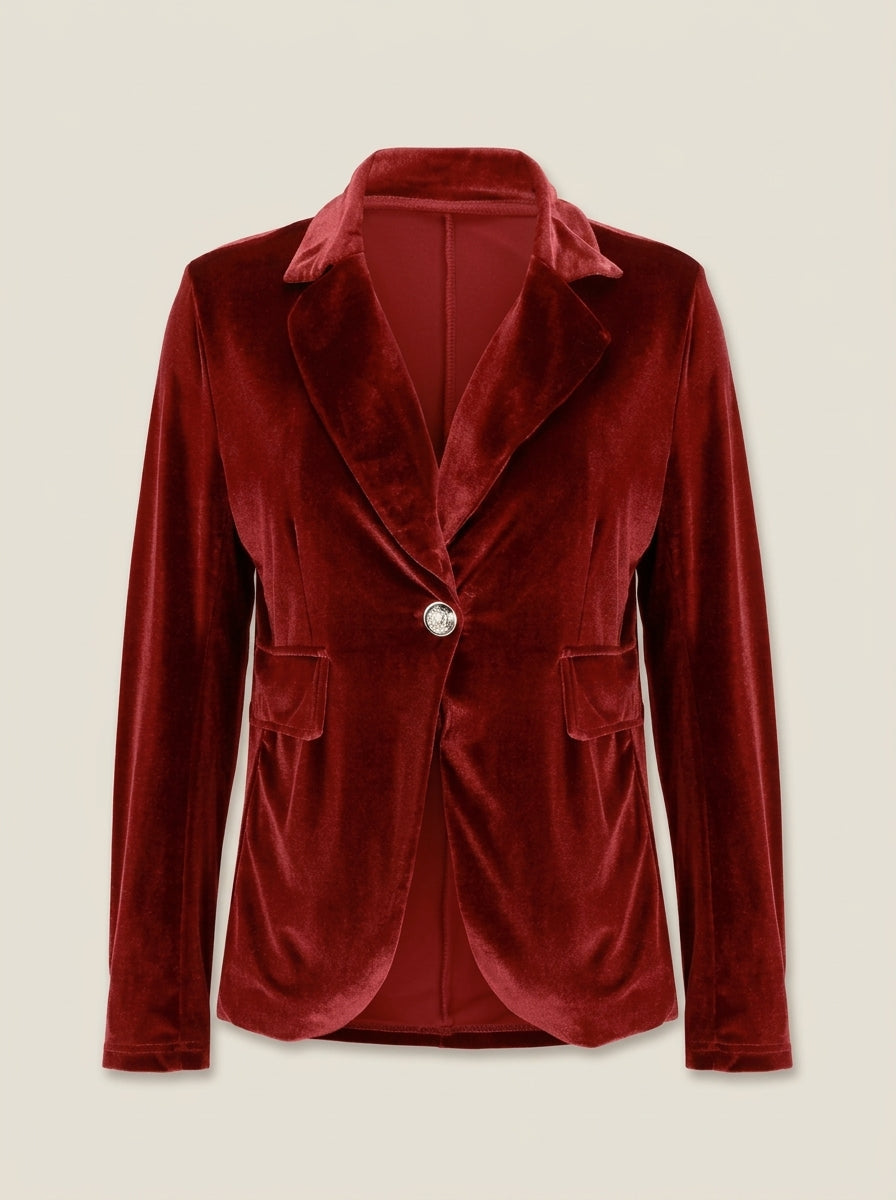 Blazer velours femme cintré avec col revers et boutonnage unique