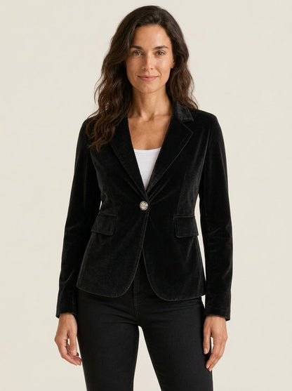 Blazer velours femme cintré avec col revers et boutonnage unique