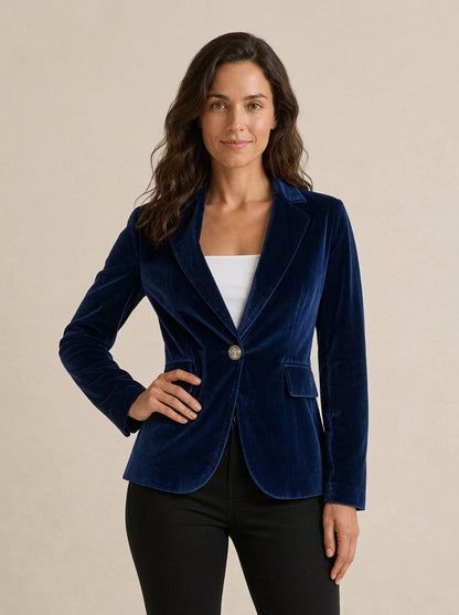 Blazer velours femme cintré avec col revers et boutonnage unique