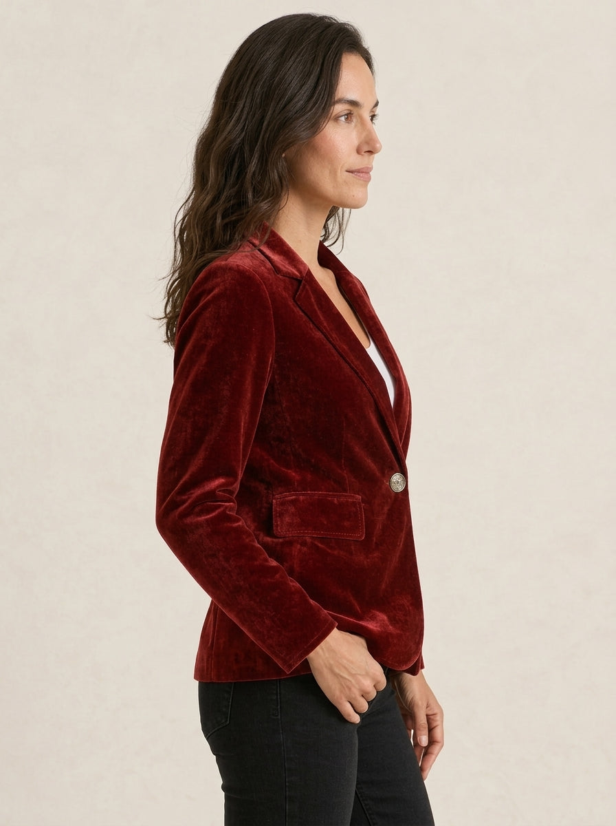 Blazer velours femme cintré avec col revers et boutonnage unique
