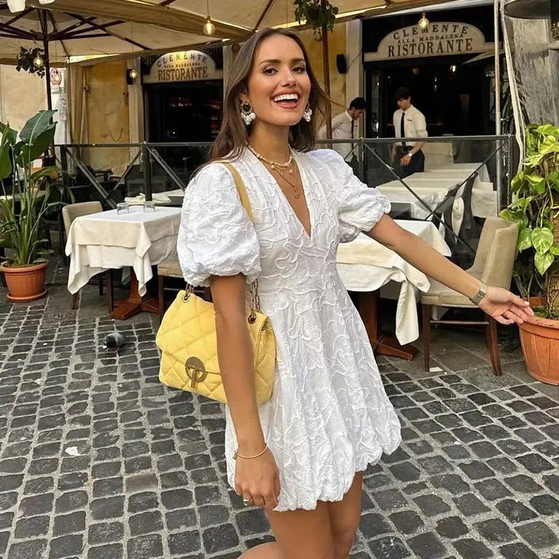 Sophia - Petite Robe de Soirée Blanche - Manches Bouffantes