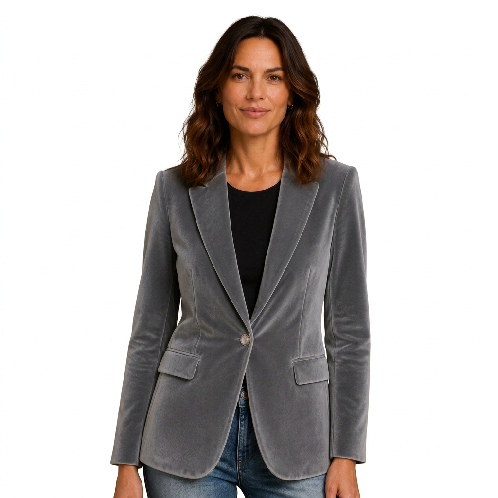 Blazer velours femme cintré à revers cranté, velours aux reflets naturels