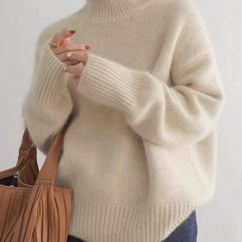 Sweater col roulé cachemire femme coupe ample coloris uni