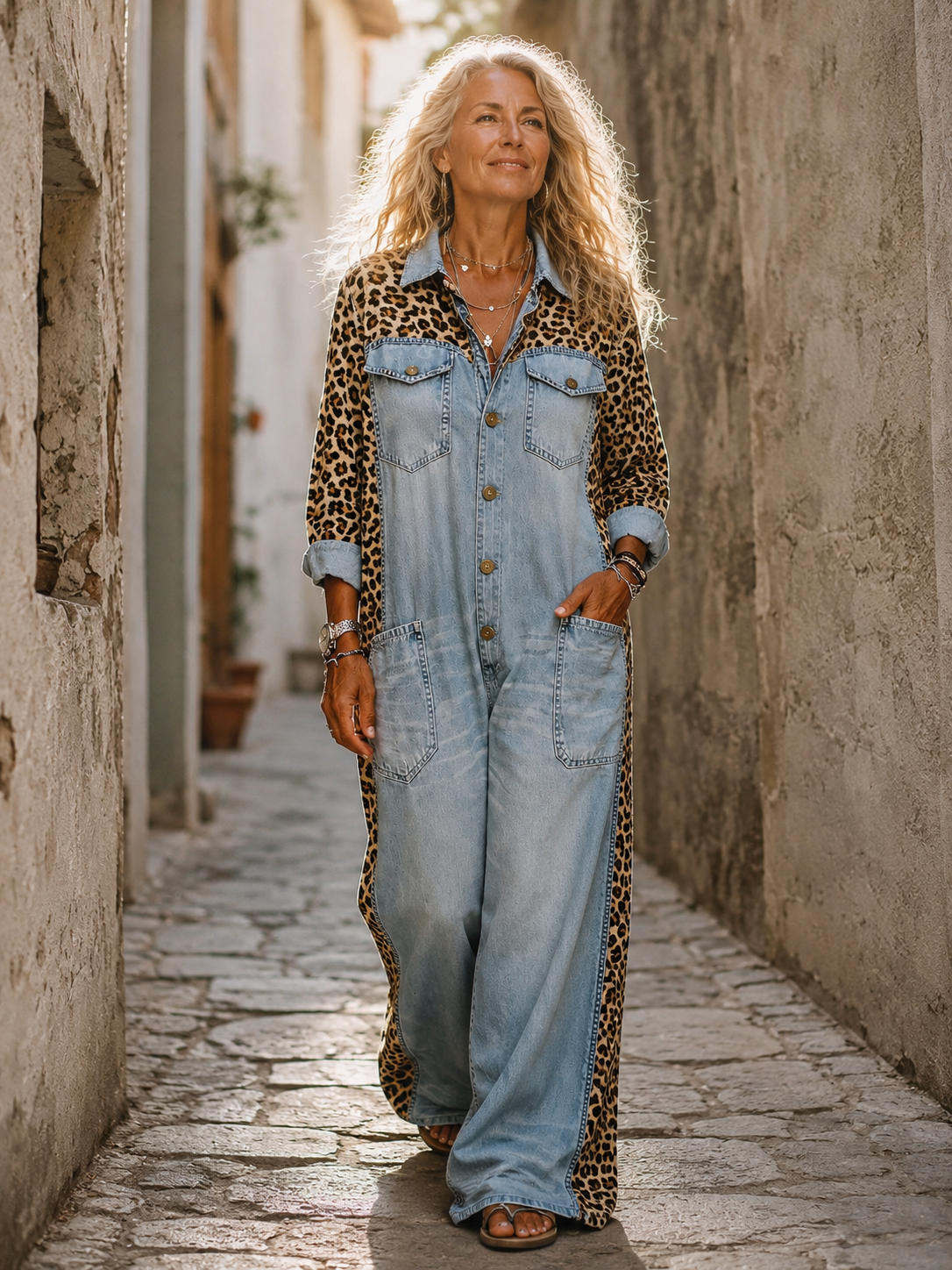 Combinaison Denim | Motif Léopard, Coupe Large | Poches Fonctionnelles