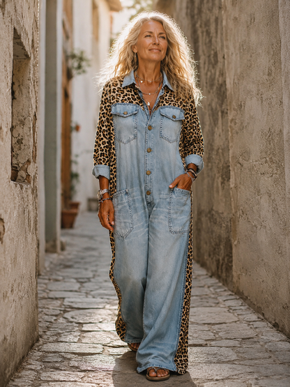 Combinaison Denim | Motif Léopard, Coupe Large | Poches Fonctionnelles
