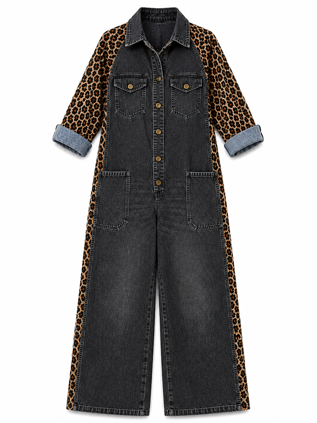 Combinaison Denim | Motif Léopard, Coupe Large | Poches Fonctionnelles