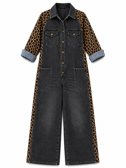 Combinaison Denim | Motif Léopard, Coupe Large | Poches Fonctionnelles