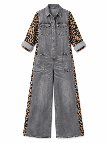 Combinaison Denim | Motif Léopard, Coupe Large | Poches Fonctionnelles