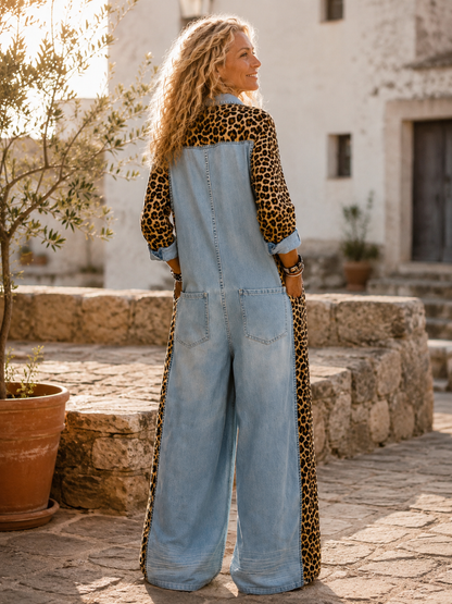 Combinaison Denim | Motif Léopard, Coupe Large | Poches Fonctionnelles