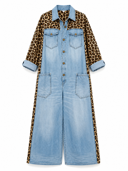 Combinaison Denim | Motif Léopard, Coupe Large | Poches Fonctionnelles
