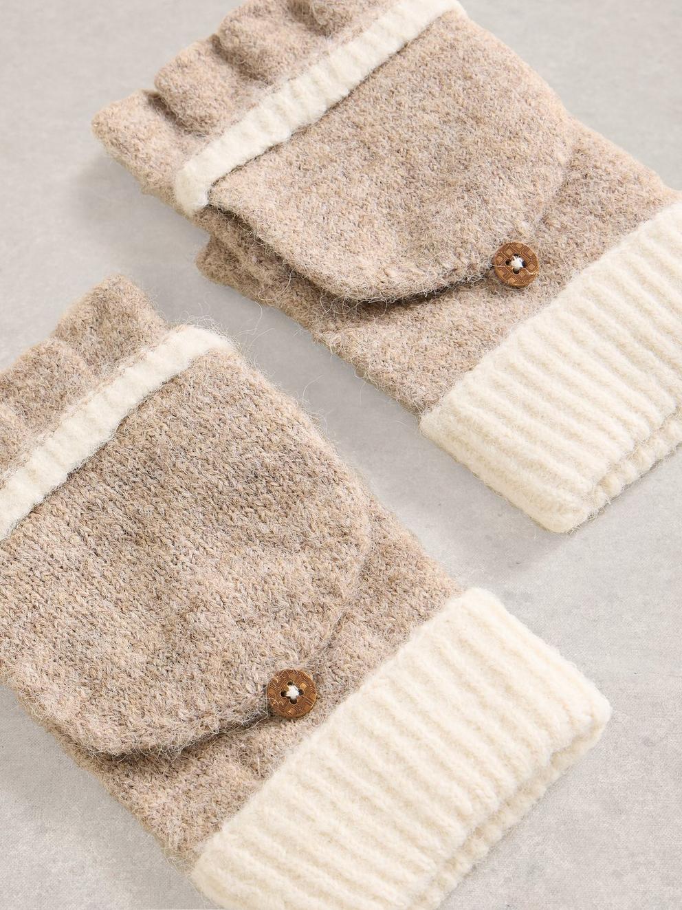 Mitaines convertibles hiver femme avec rabat poignets côtelés coloris noir et beige