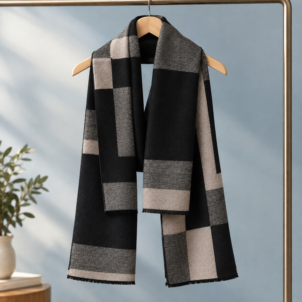 Écharpe homme cachemire laine motif carreaux avec franges courtes