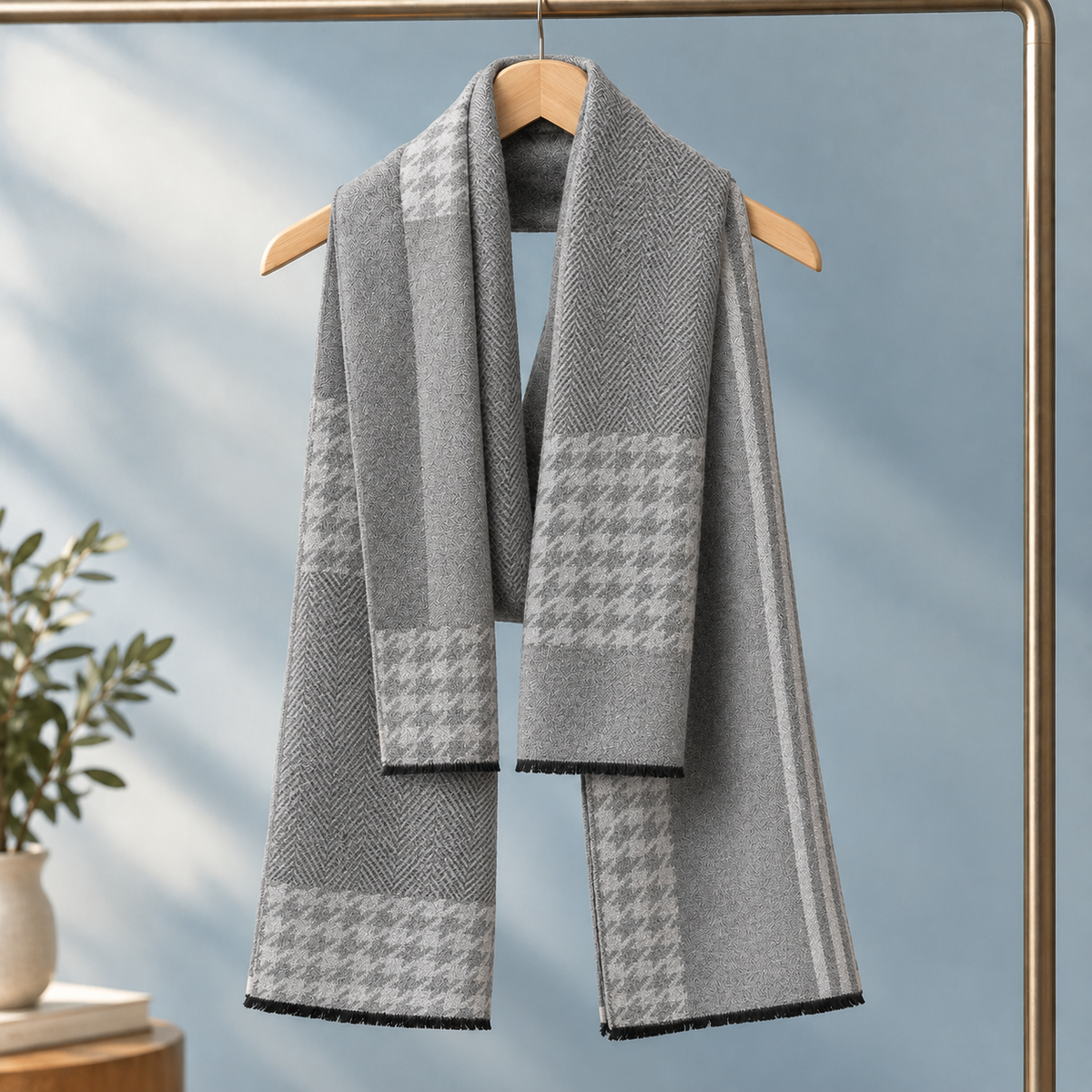 Écharpe homme cachemire laine motif carreaux avec franges courtes
