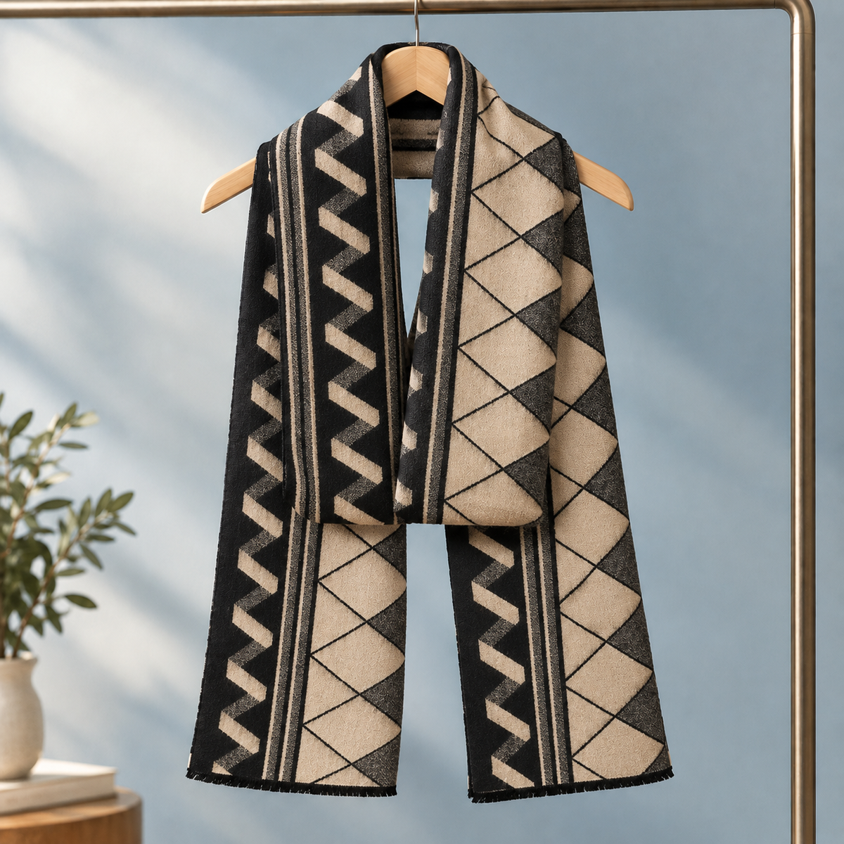 Écharpe homme cachemire laine motif carreaux avec franges courtes