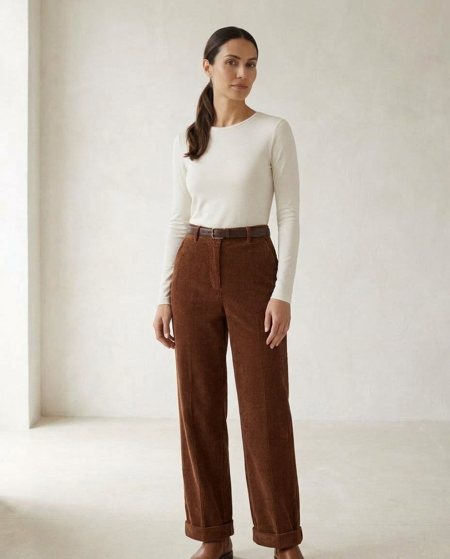 Pantalon velours côtelé femme taille haute marron, coupe droite vintage