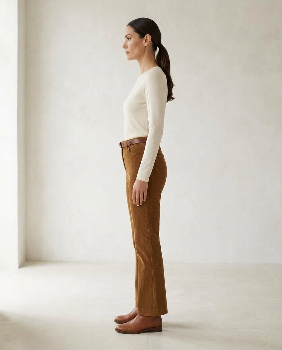 Pantalon velours côtelé femme taille haute marron, coupe droite vintage