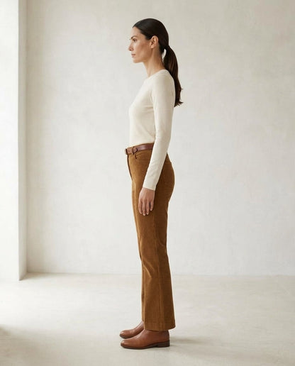 Pantalon velours côtelé femme taille haute marron, coupe droite vintage