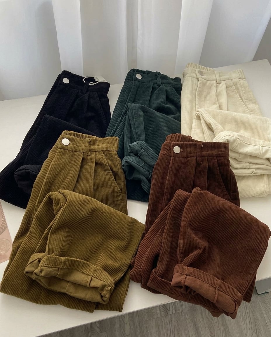 Pantalon velours côtelé femme taille haute marron, coupe droite vintage