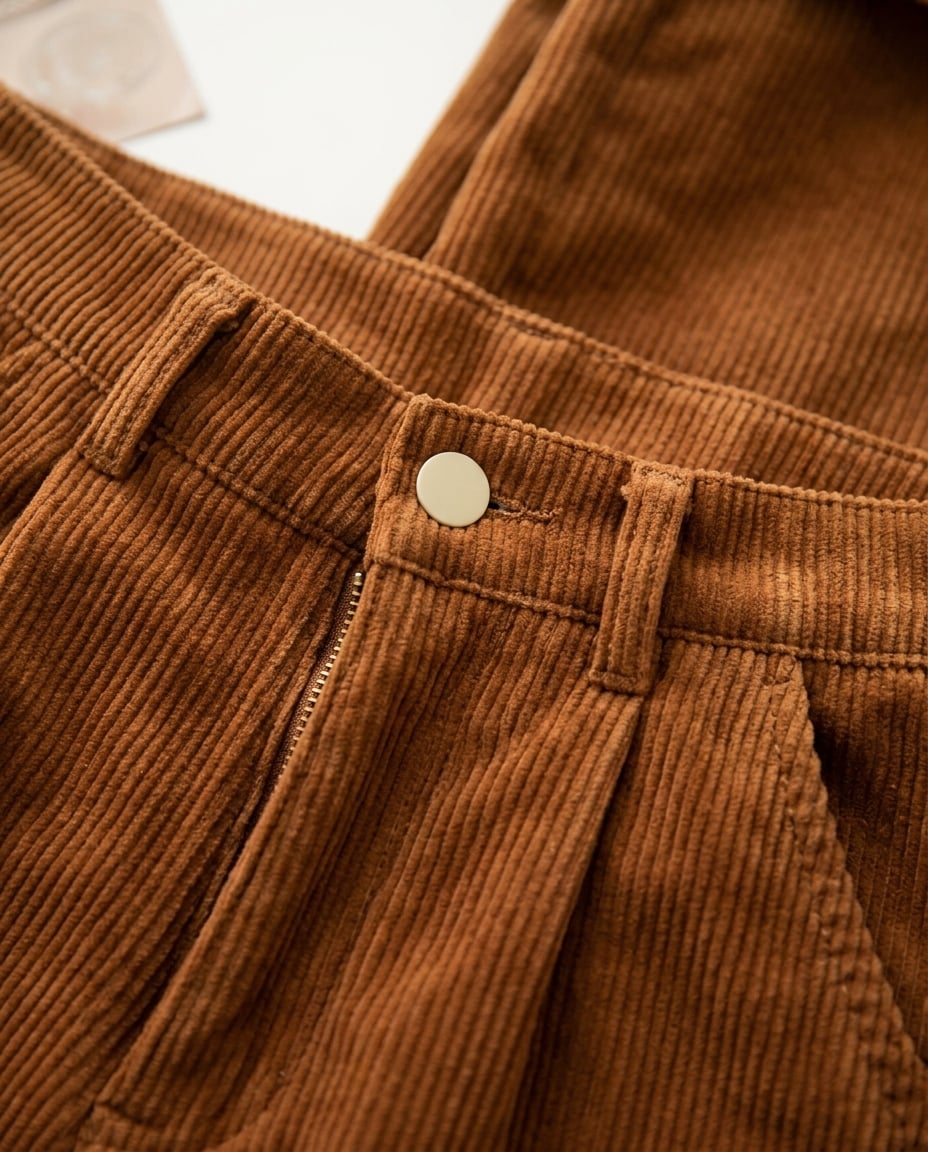 Pantalon velours côtelé femme taille haute marron, coupe droite vintage