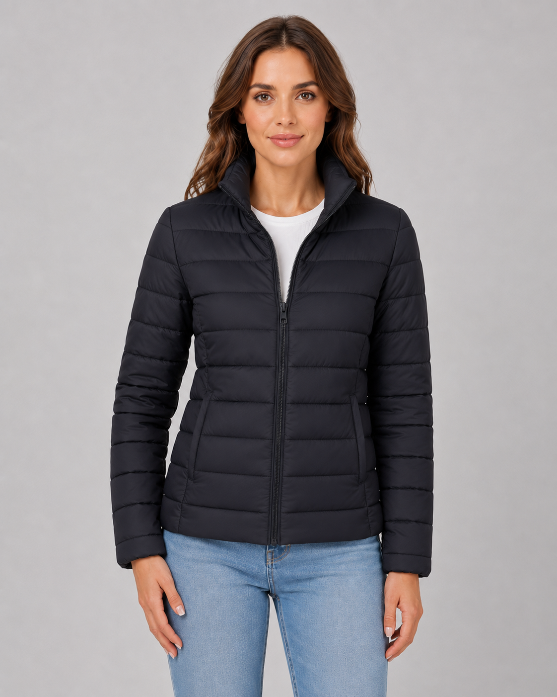 Doudoune légère compressible femme avec duvet de canard et col montant, coupe slim