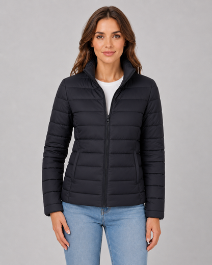Doudoune légère compressible femme avec duvet de canard et col montant, coupe slim