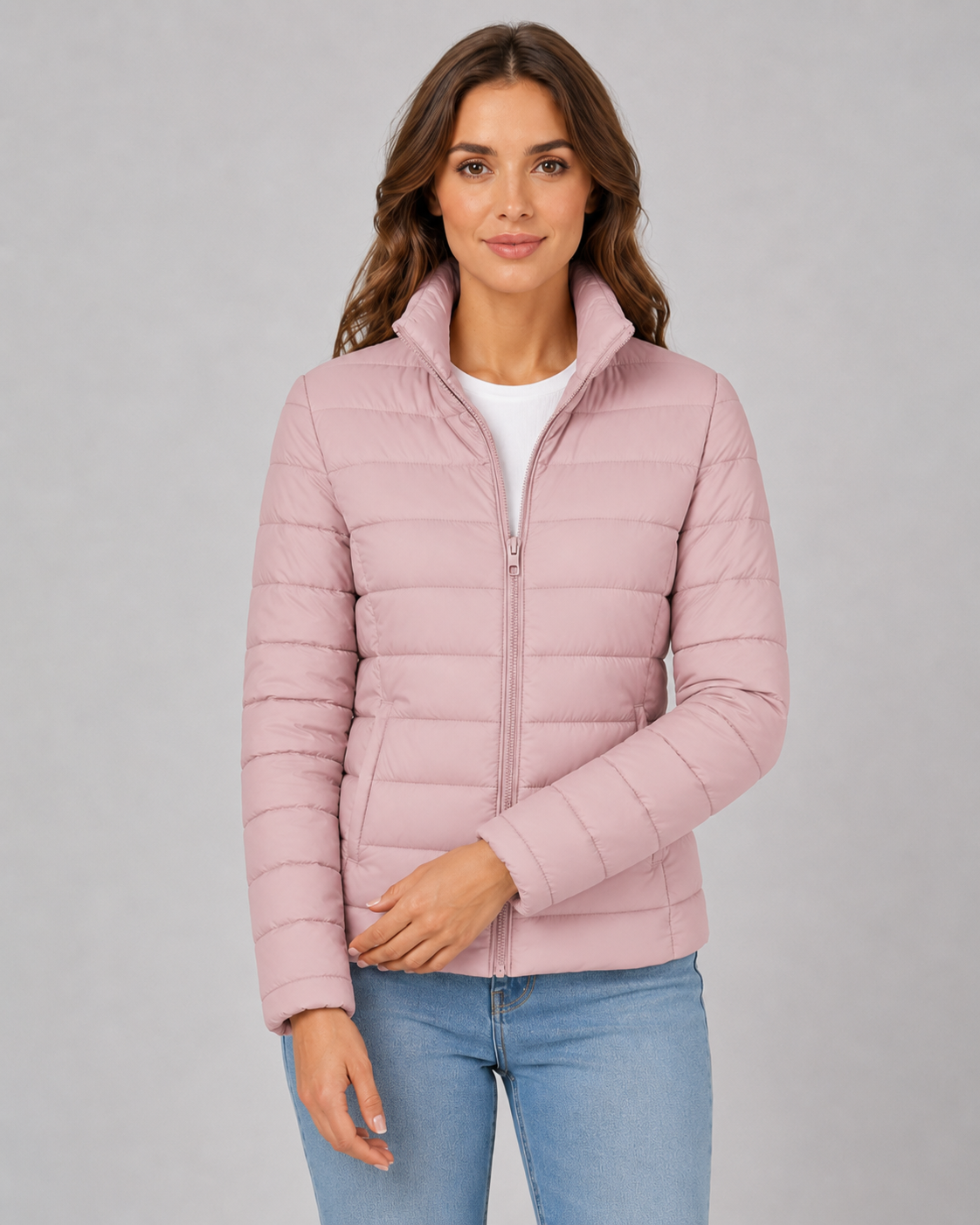 Doudoune légère compressible femme avec duvet de canard et col montant, coupe slim