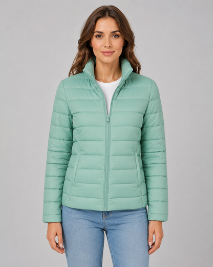Doudoune légère compressible femme avec duvet de canard et col montant, coupe slim