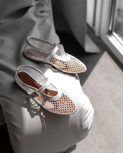 Ballerines femme résille mary jane bride boucle bout rond semelle plate