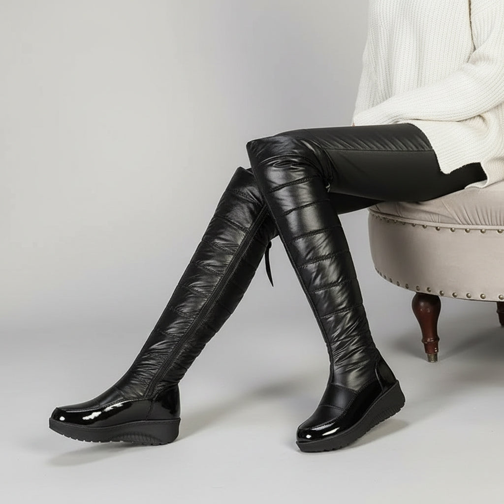 Cuissardes femme hiver noires matelassées avec nœud décoratif à cristaux