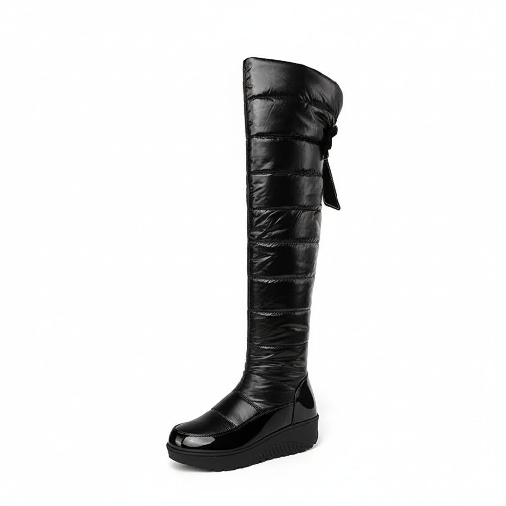 Cuissardes femme hiver noires matelassées avec nœud décoratif à cristaux