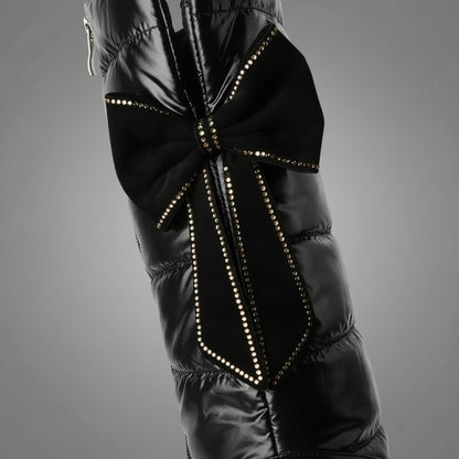 Cuissardes femme hiver noires matelassées avec nœud décoratif à cristaux