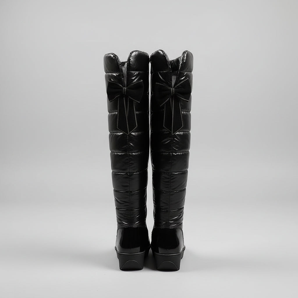 Cuissardes femme hiver noires matelassées avec nœud décoratif à cristaux