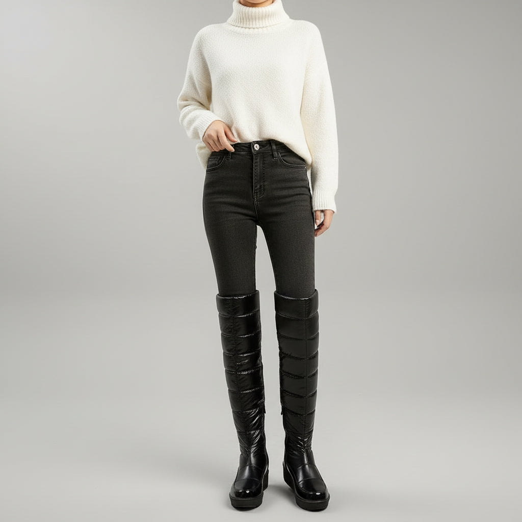 Cuissardes femme hiver noires matelassées avec nœud décoratif à cristaux