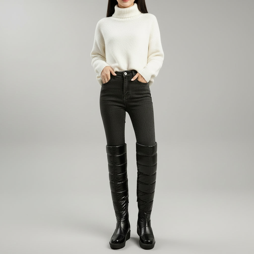 Cuissardes femme hiver noires matelassées avec nœud décoratif à cristaux