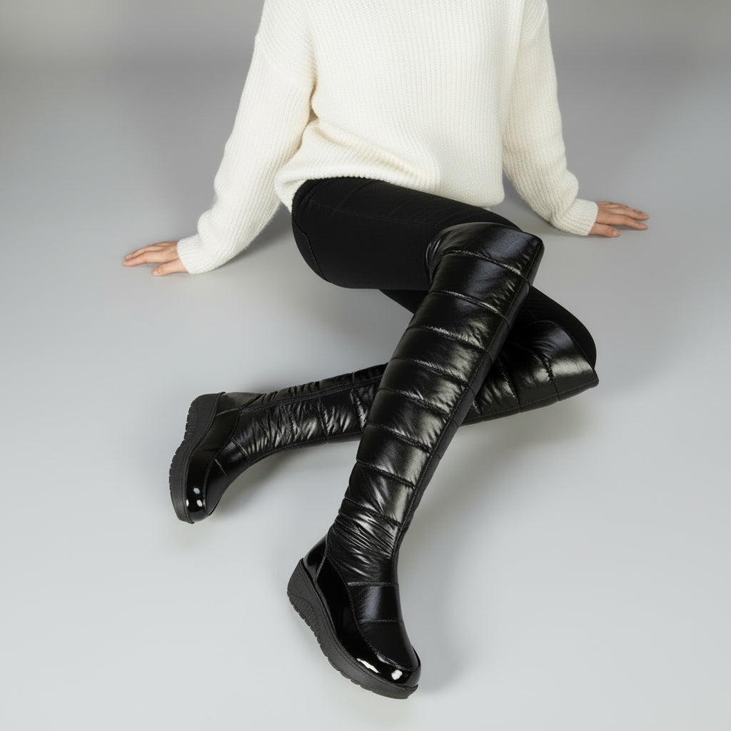 Cuissardes femme hiver noires matelassées avec nœud décoratif à cristaux
