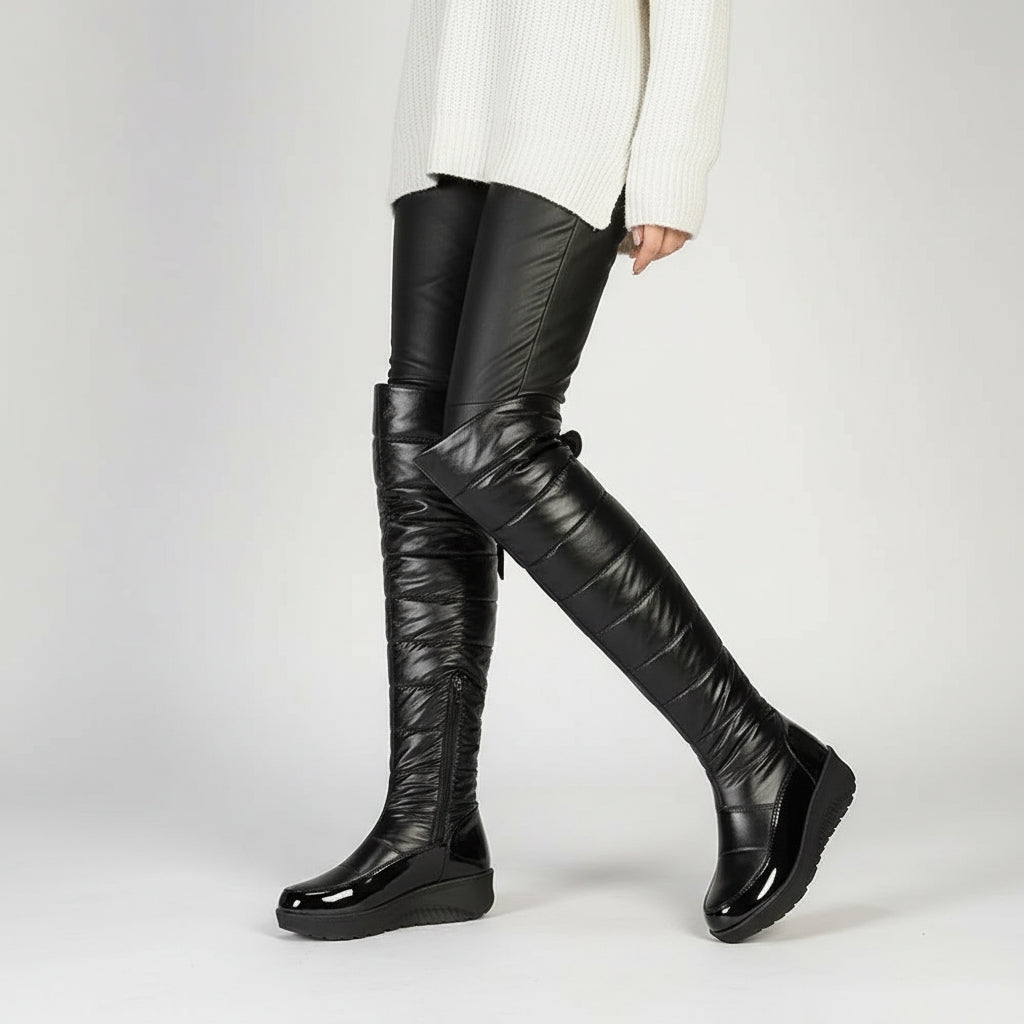 Cuissardes femme hiver noires matelassées avec nœud décoratif à cristaux