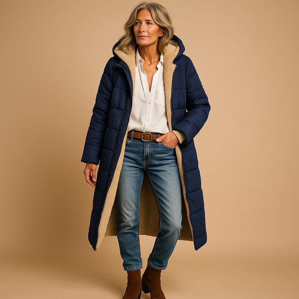 Manteau long femme hiver coupe moderne, disponible en noir bleu marine et bordeaux