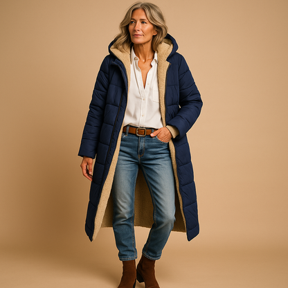 Manteau long femme hiver coupe moderne, disponible en noir bleu marine et bordeaux