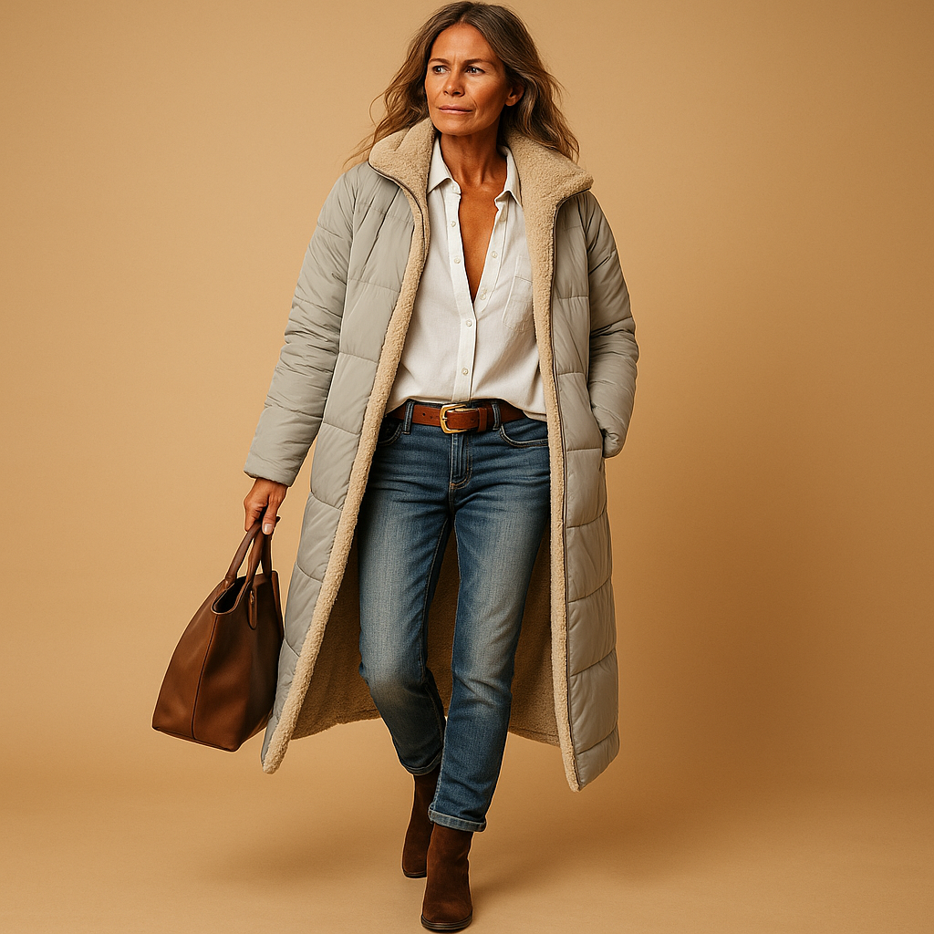 Manteau long femme hiver coupe moderne, disponible en noir bleu marine et bordeaux