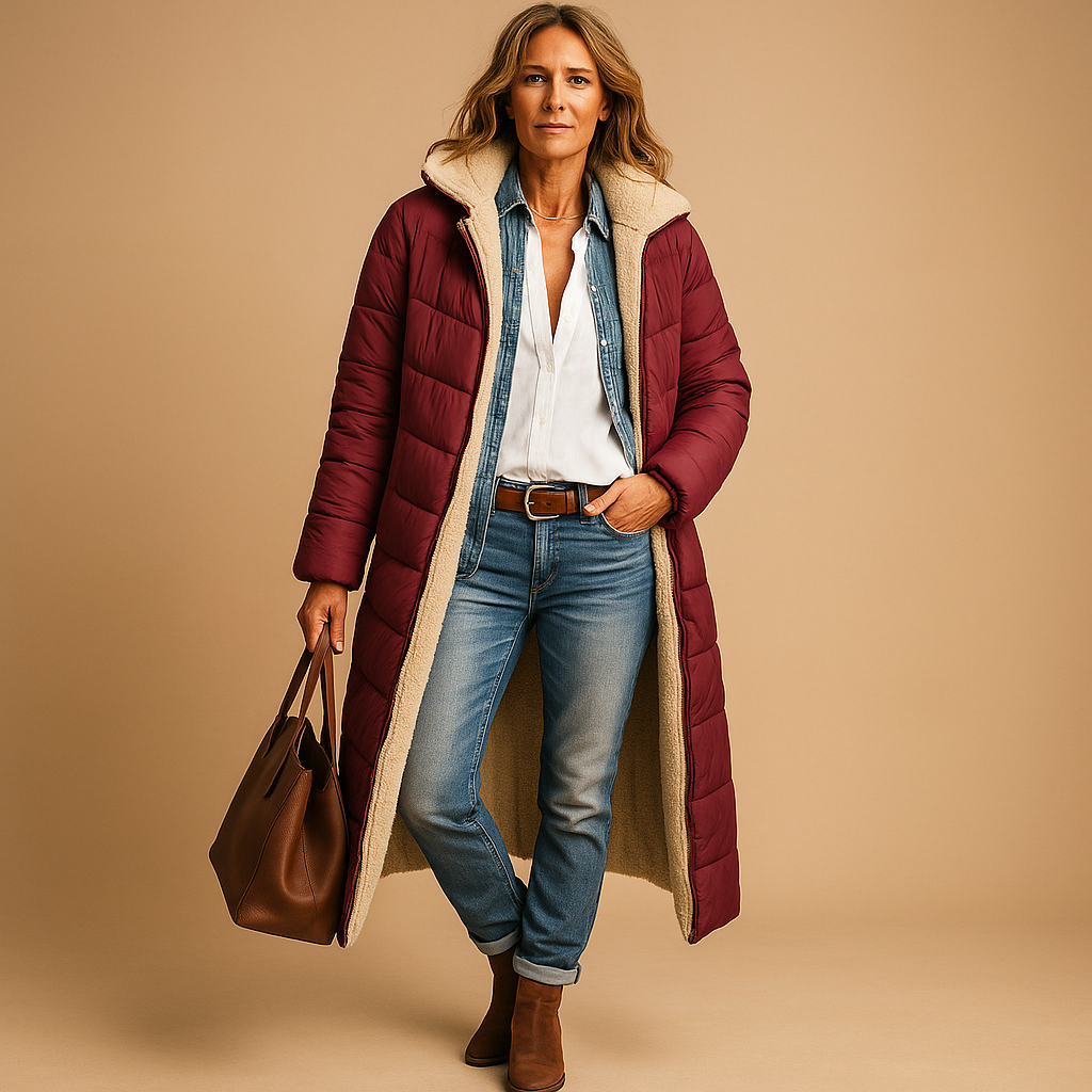 Manteau long femme hiver coupe moderne, disponible en noir bleu marine et bordeaux
