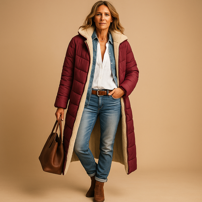 Manteau long femme hiver coupe moderne, disponible en noir bleu marine et bordeaux