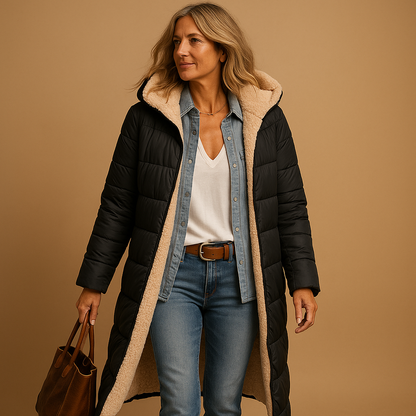 Manteau long femme hiver coupe moderne, disponible en noir bleu marine et bordeaux