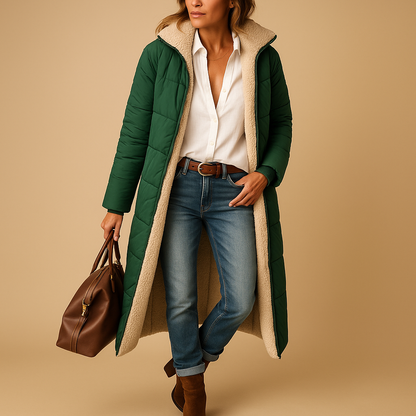 Manteau long femme hiver coupe moderne, disponible en noir bleu marine et bordeaux